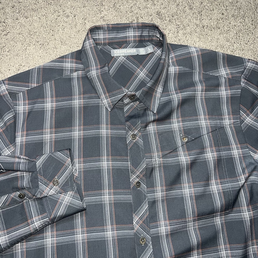 Icebreaker‎ Merino DEPARTURE Men Large Wool Plaid Long Sleeve Button Shirt Gray
